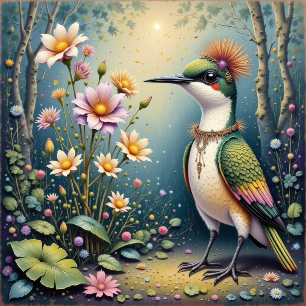 Hummingbird Human Hybrid with Jewelry in Bioluminescent Fore...