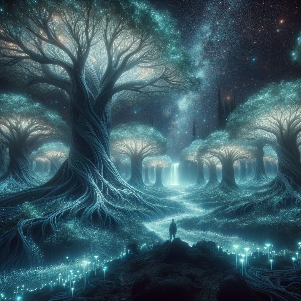 Bioluminescent Alien Forest with Mythical Beings