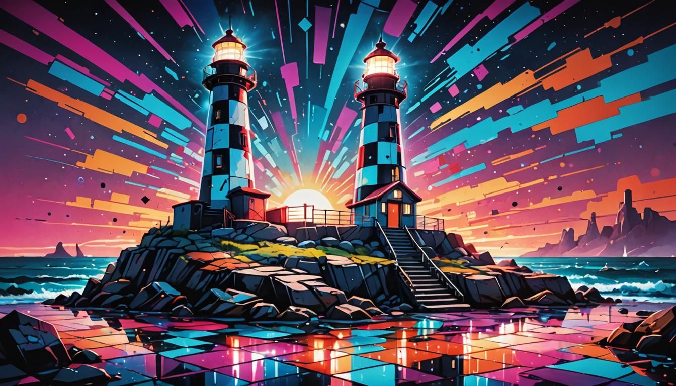 Retro-Futuristic Disco Lighthouse in Street Art Style