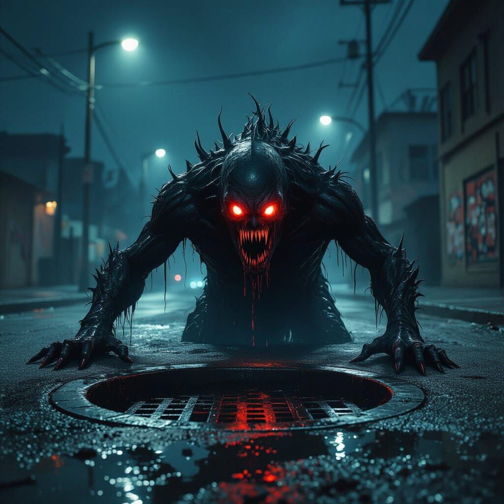 Grotesque Sewer Monster Emerges in Gritty Urban Night