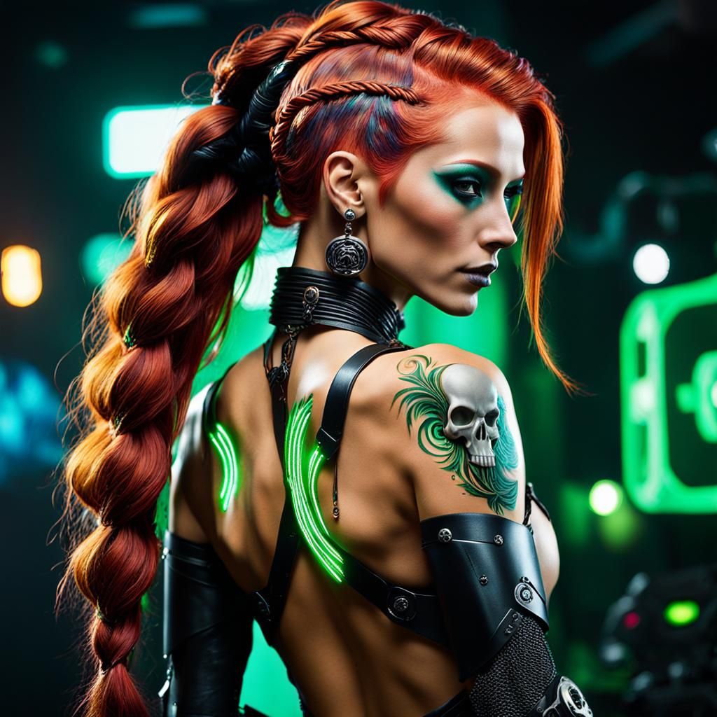 Cyberpunk Redhead Pirate with Neon Skull Body Art