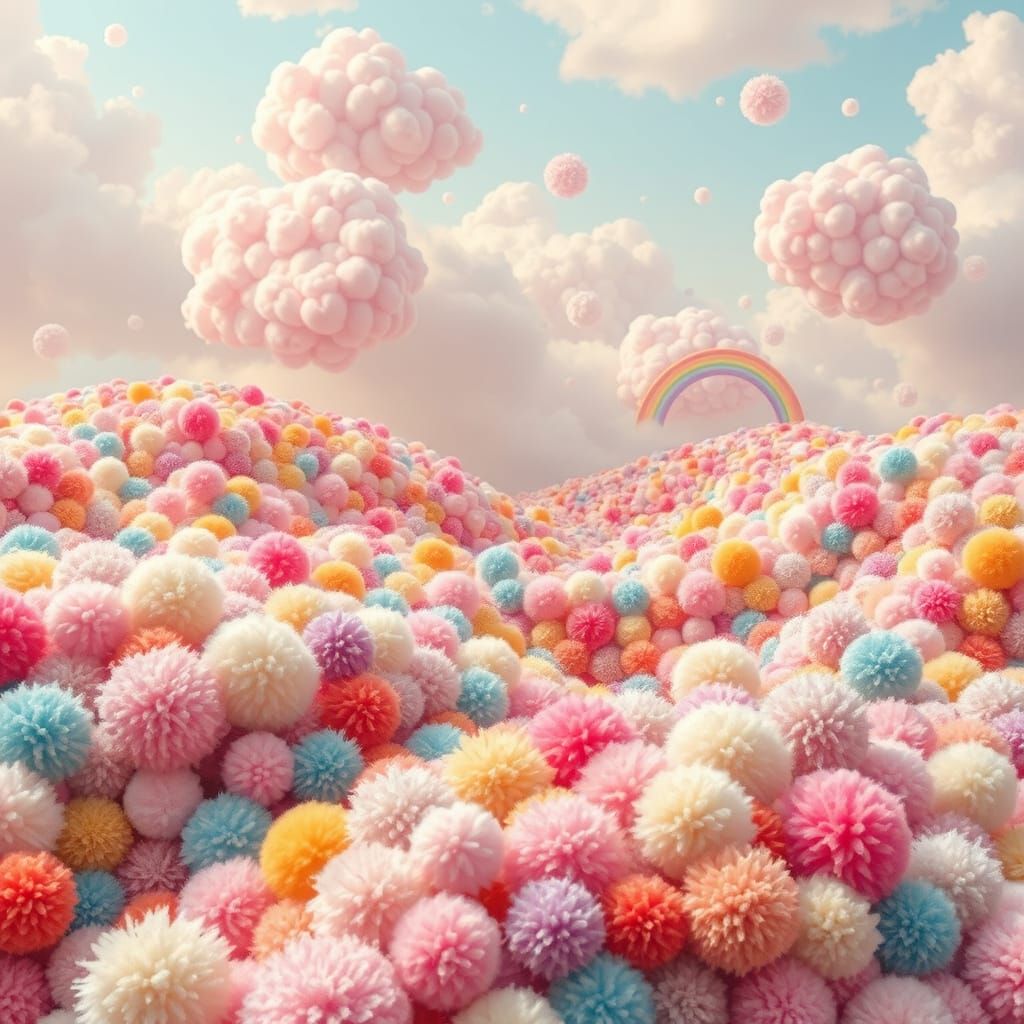 Whimsical Pom Pom Landscape with Pastel Hills