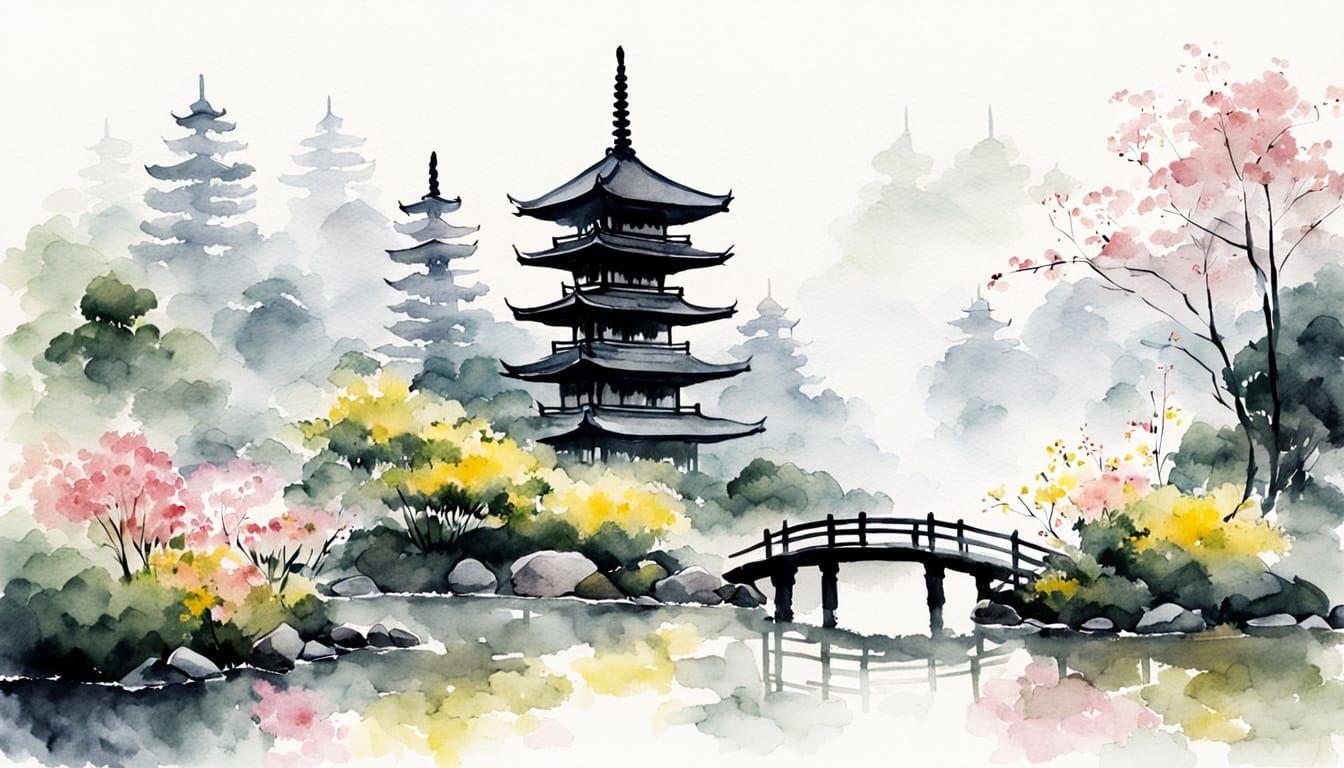 Misty Japanese Garden with Pagoda in Watercolor Style