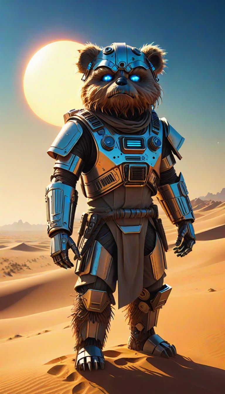 Cyborg Ewok in Futuristic Desert Landscape
