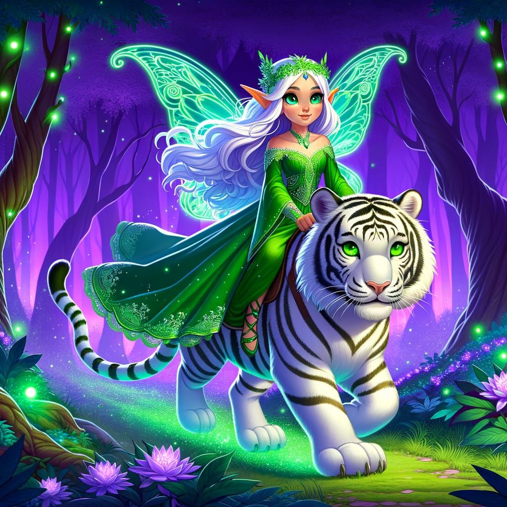 Elven Tiger in Magical Forest in a Cartoon Illustration