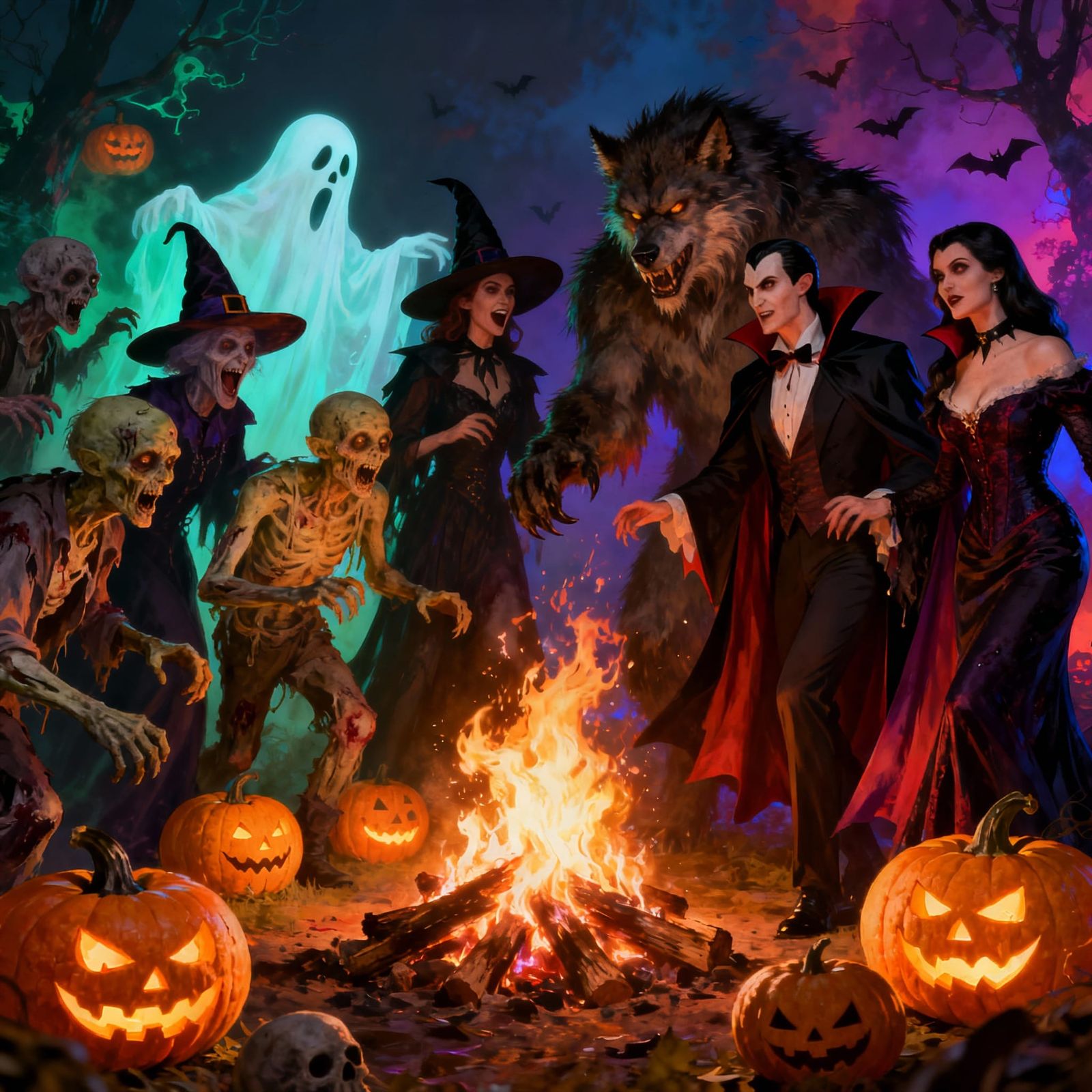 Halloween Night: Monsters Gather by Fiery Bonfire