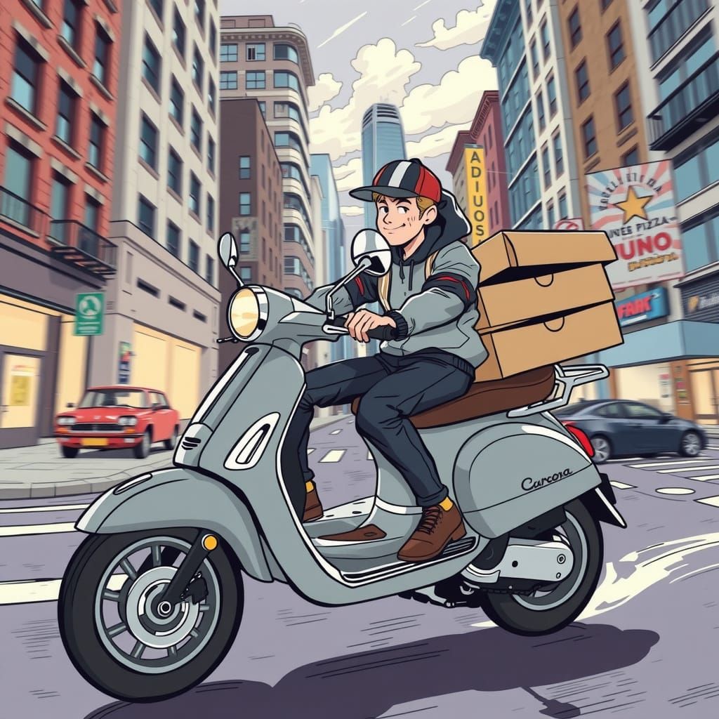 Pizza Boy's Vespa Delivery: Modern Comic Art
