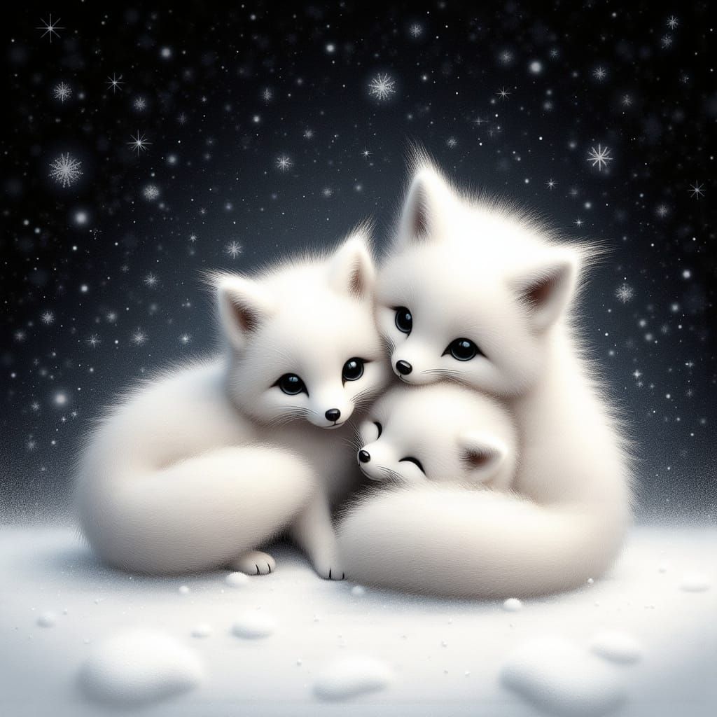 Arctic Fox Family Snuggled in Blizzard, Faint Sketch Style