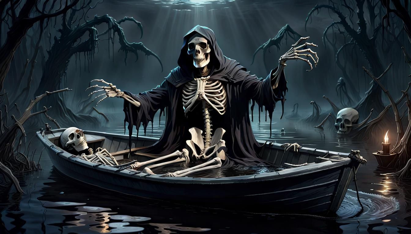 Grim Reaper's Journey: Gothic Art in Dark Waters