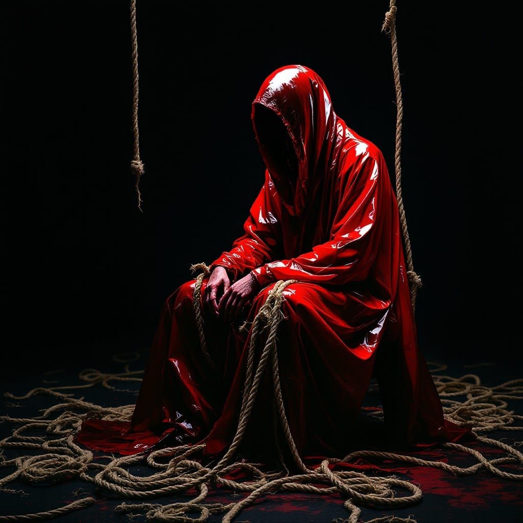 Enigmatic Figure Wrapped in Crimson Plastic