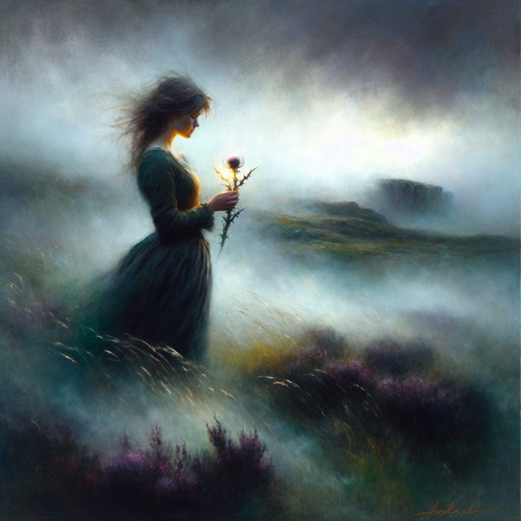 Misty Scottish Moor with Glowing Thistle