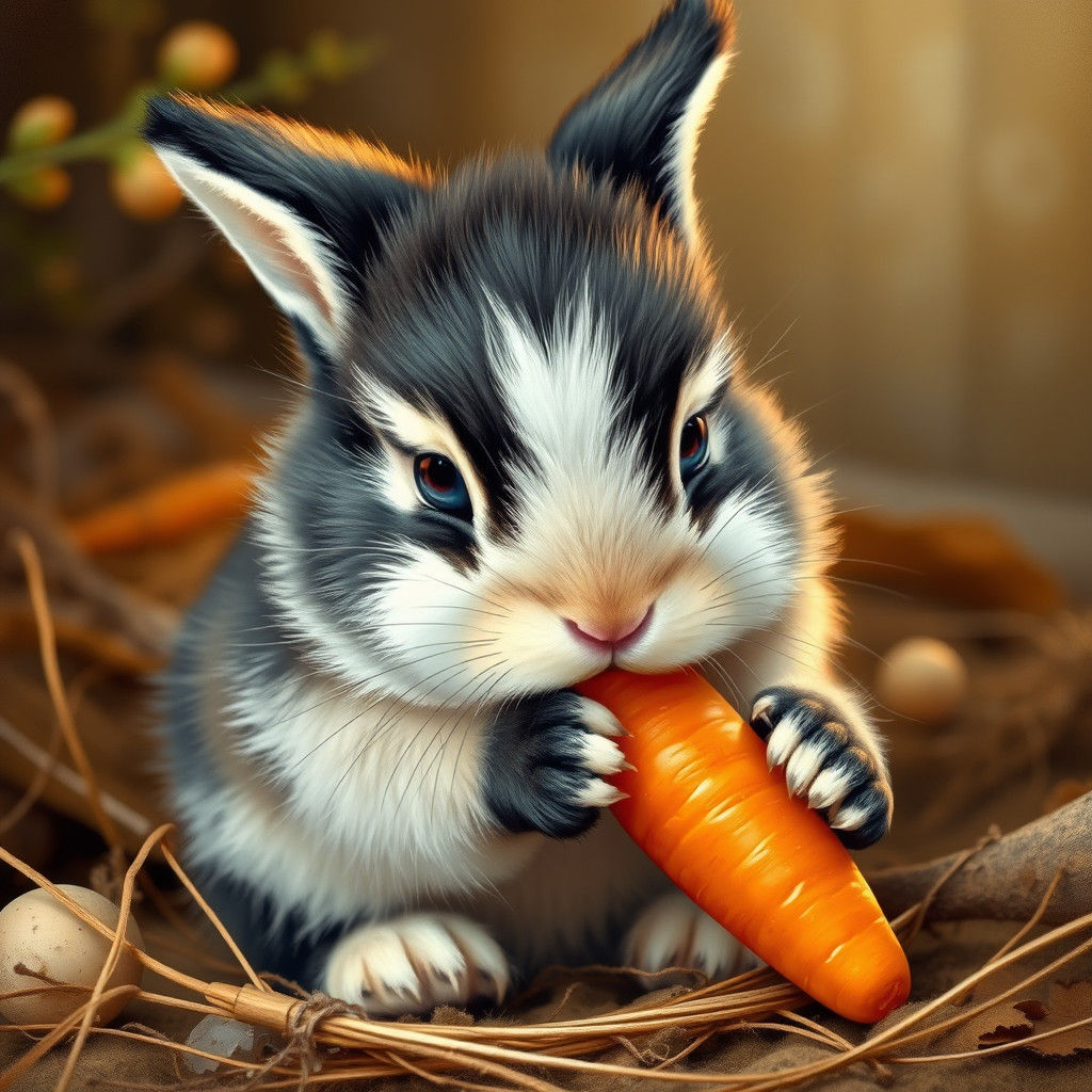 Fluffy Bunny Nibbling Carrot in Whimsical Style