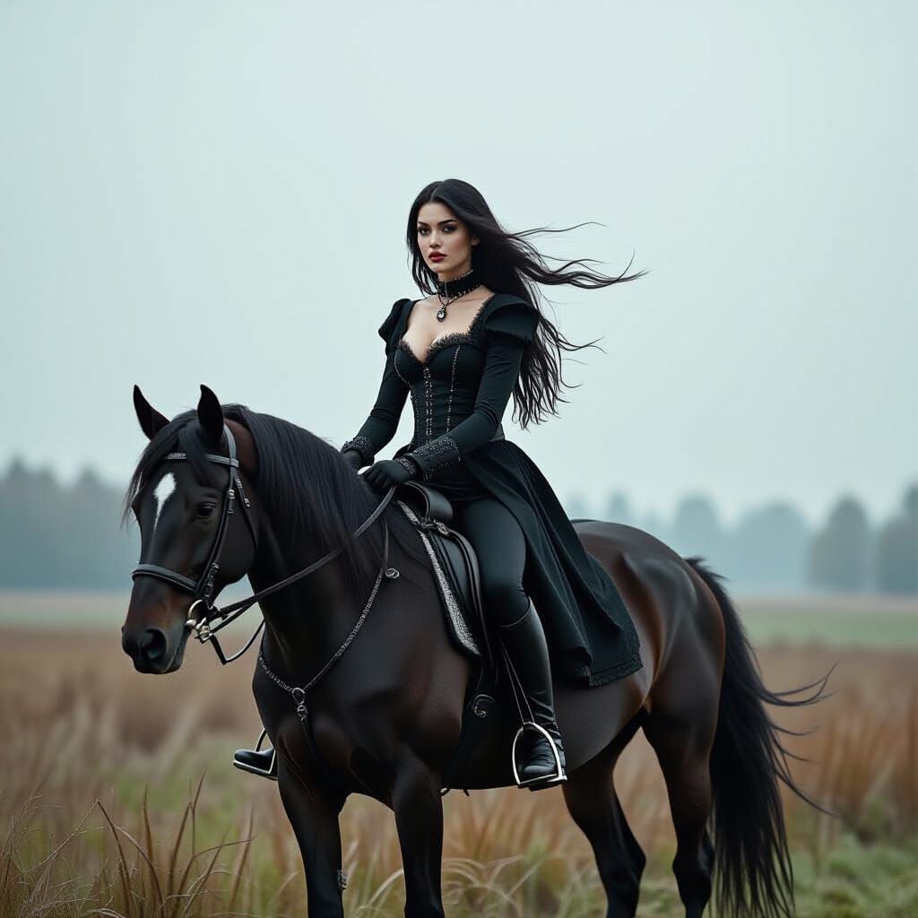 Gothic Woman on Black Horse