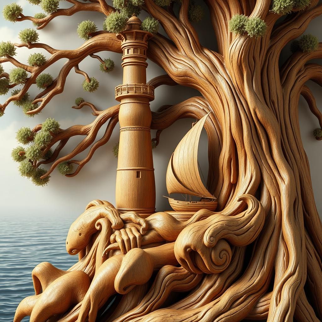 Detailed Wood Carving: Lighthouse and Sailboat Scene