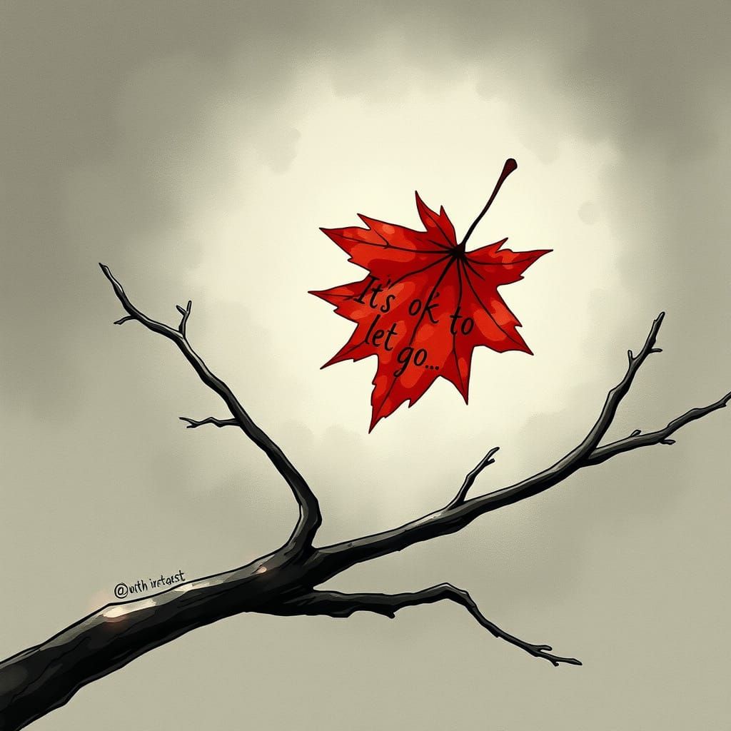 Lone Goth Maple Leaf Clinging to Branch in Watercolor Style