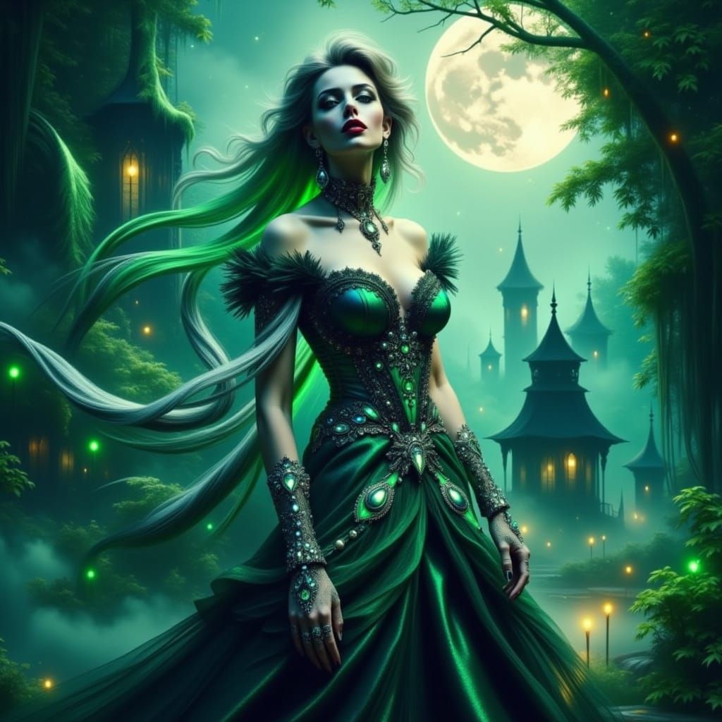 Ethereal Vampire Goddess in Victorian-Inspired Cyberpunk Att...