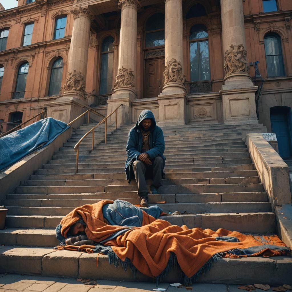 Homeless Man Sleeps in Golden Light: Matte Painting