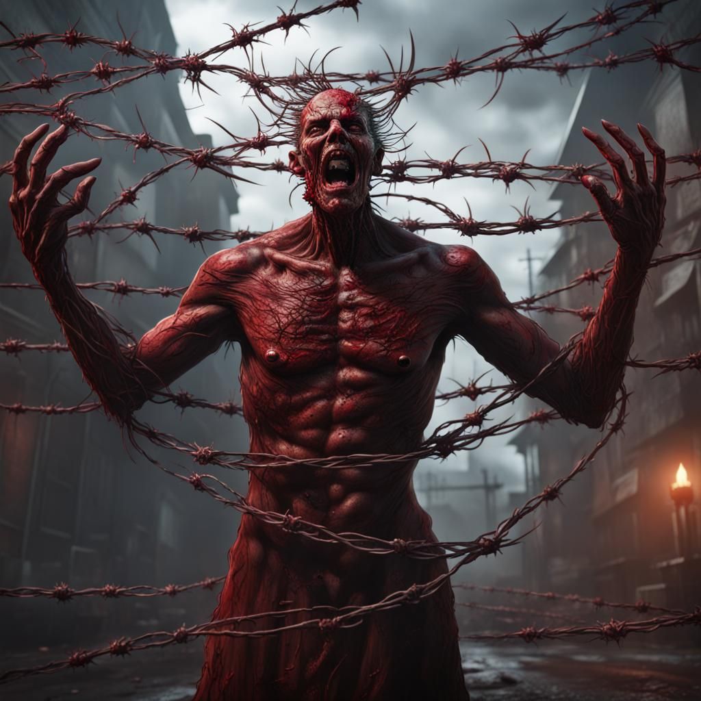 Demonic Preacher with Barbed Wire, Detailed Matte Painting