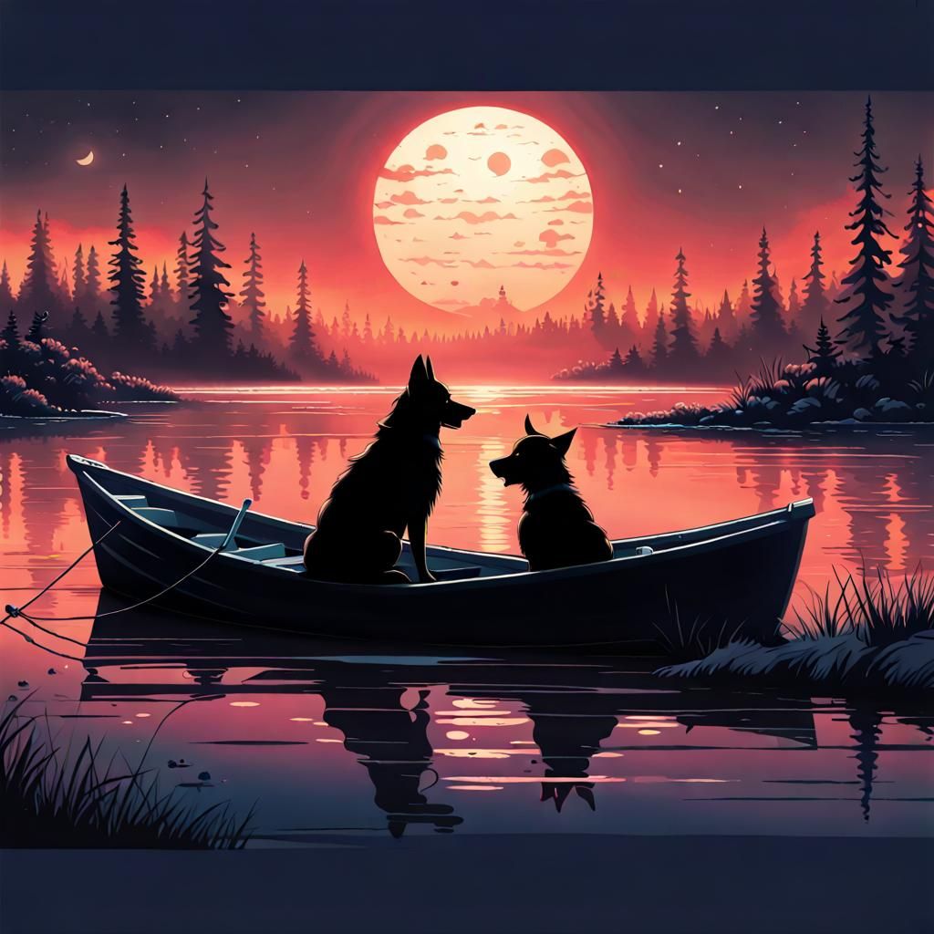 Dog Fishing at Night: Digital Art Wallpaper