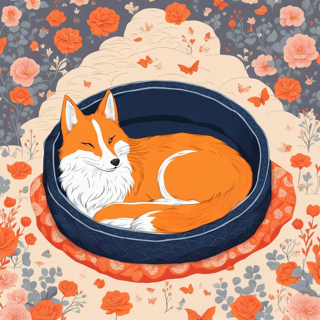 Kitsune Comfort: A Fox in a Dog Bed