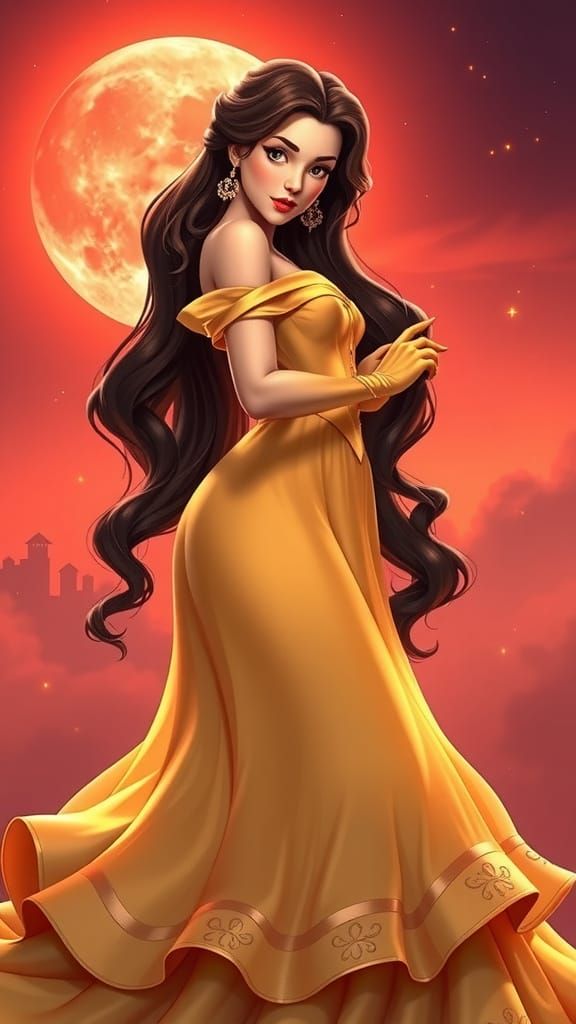 Seductive Belle Under Blood Moon in 3D Anime Style