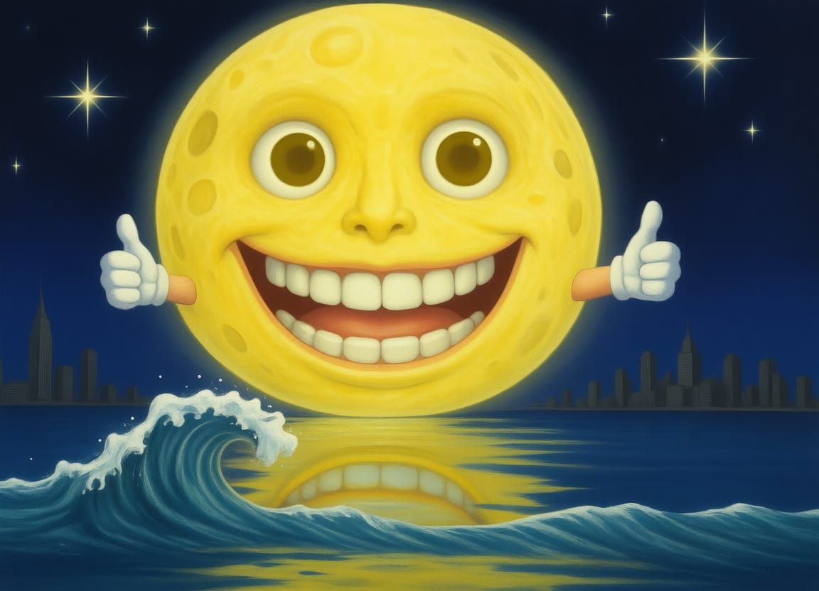 Grinning Moon Face Over Lake with Stars and Wave