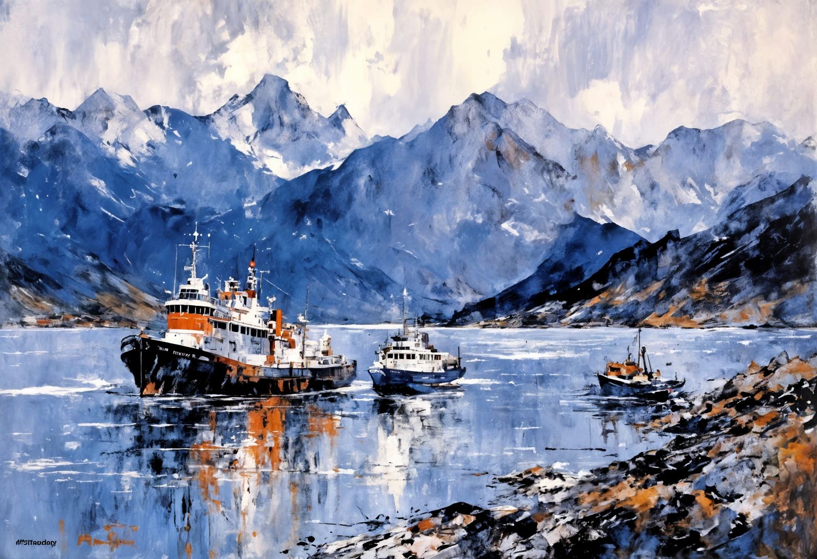 Expressionist Seascape Painting of a Car Ferry