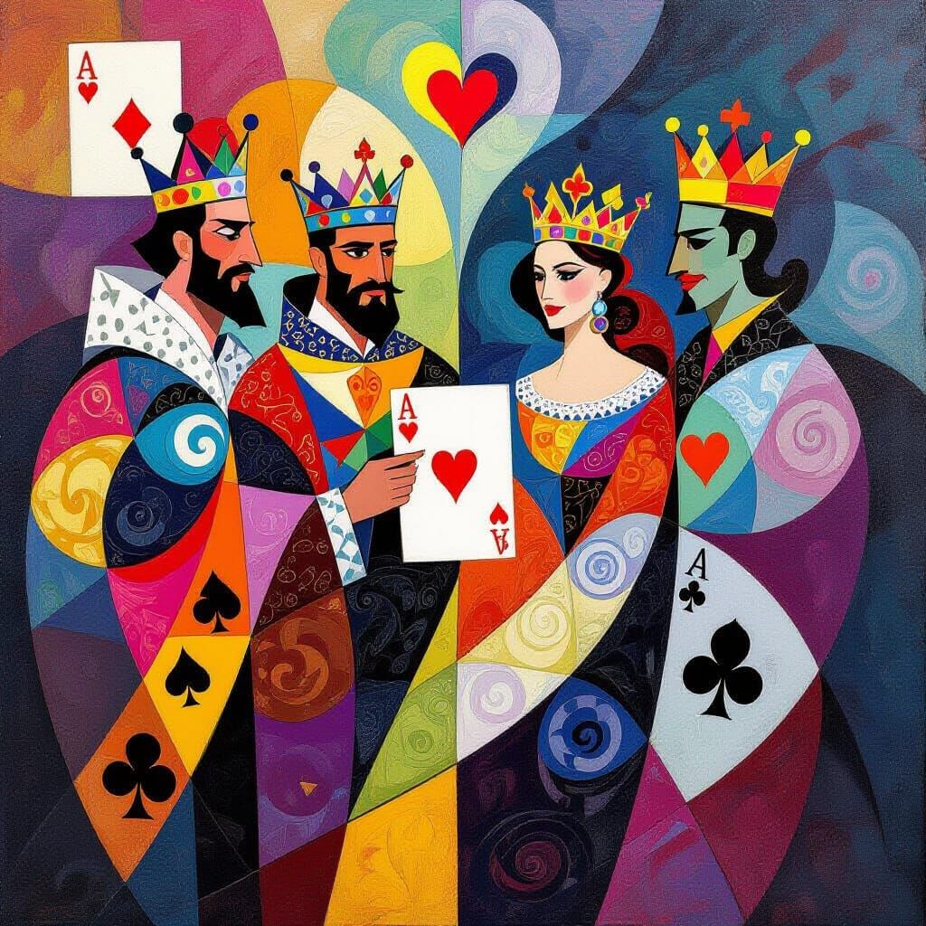 Abstract Royal Court with Swirling Card Suits