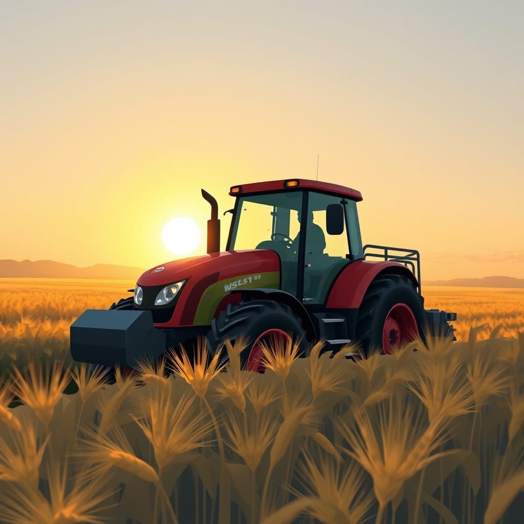 Abstract Sunrise: Farmer on Tractor in Wheat Field