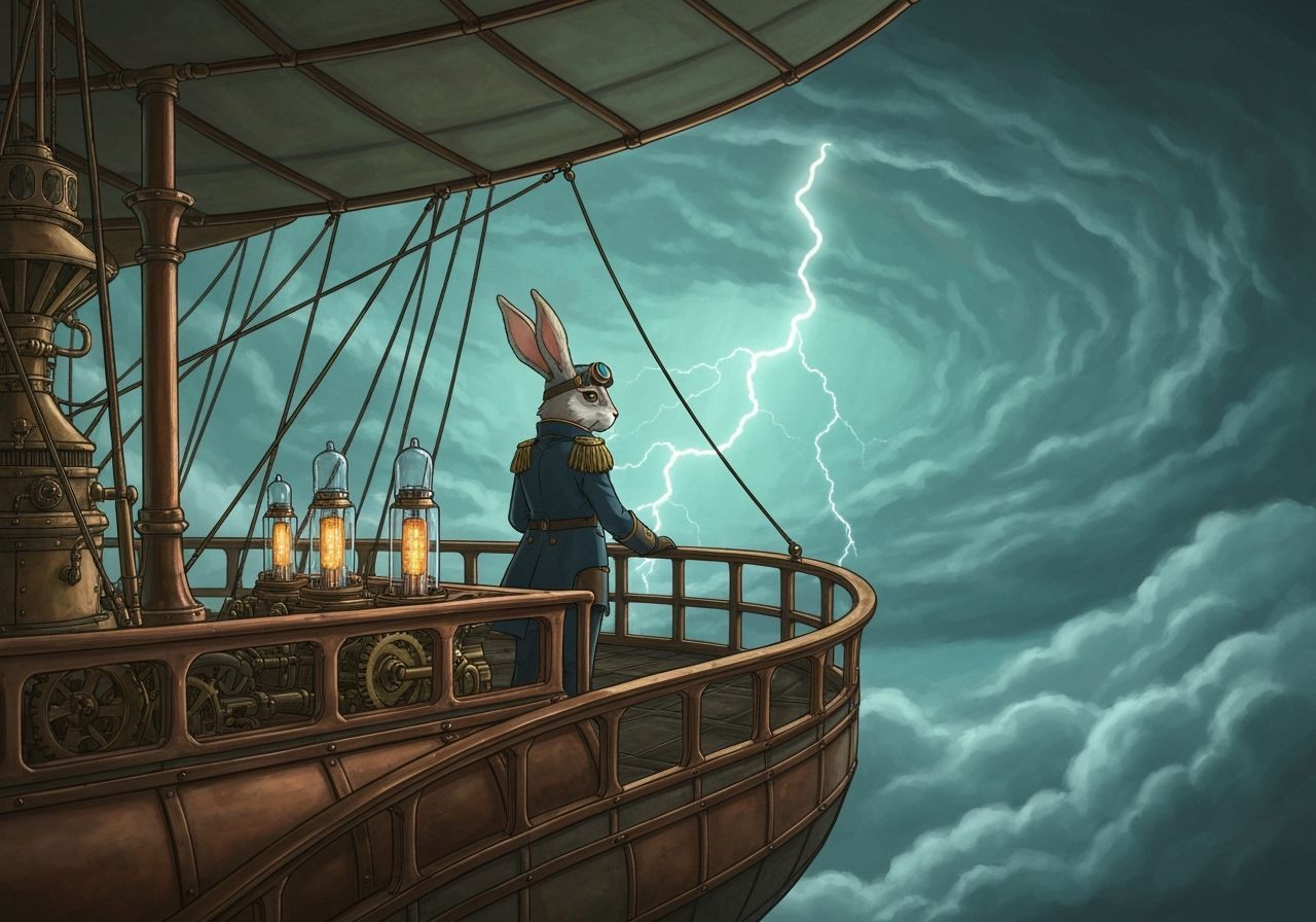 Steampunk Rabbit Airship Captain in Stormy Skies