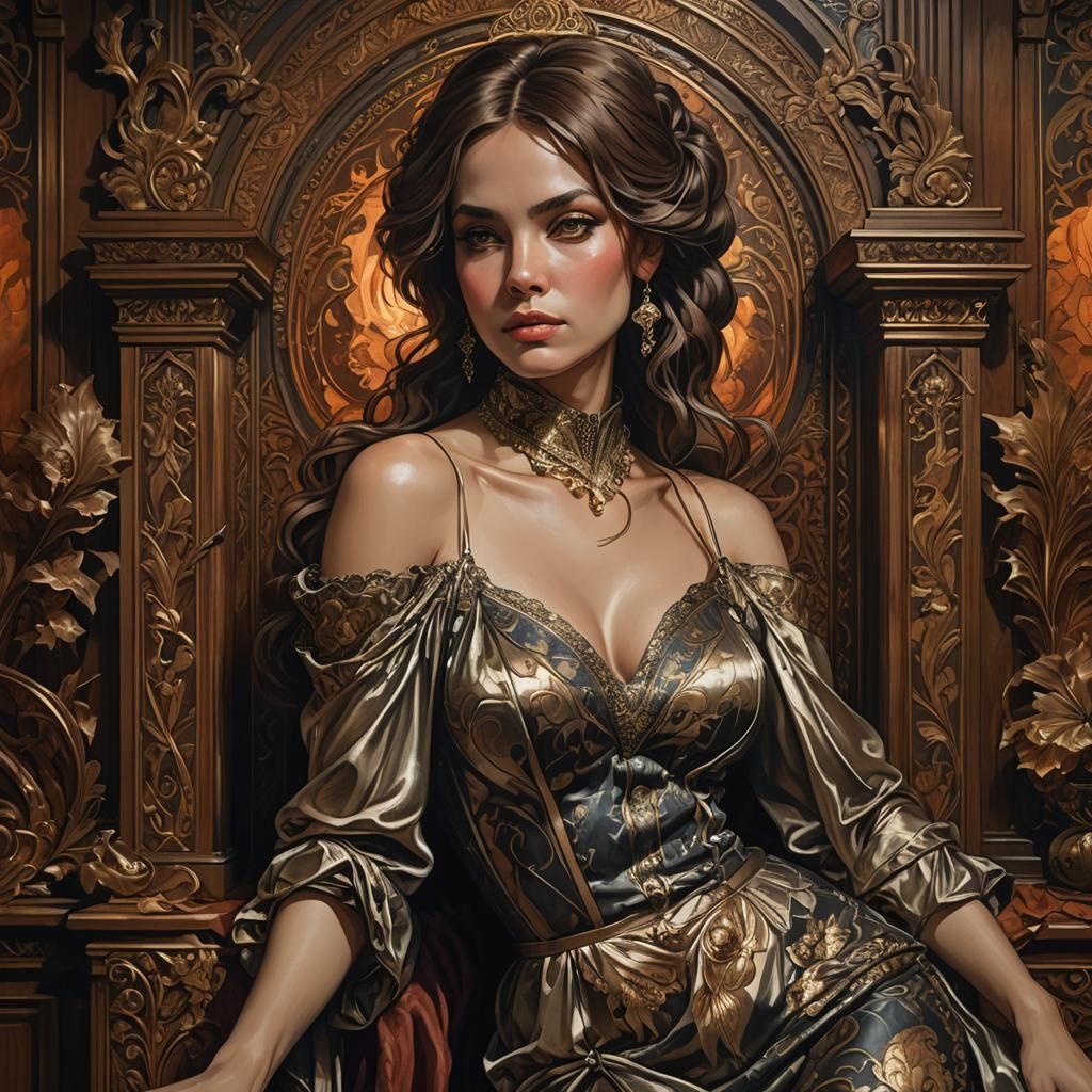 Sultry Pinup Portrait with Fireplace, Art Nouveau Style