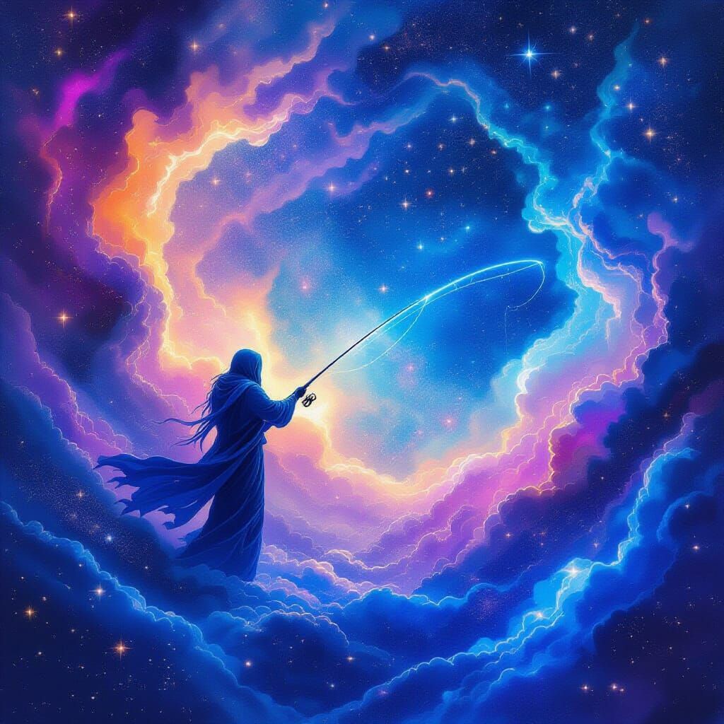 Celestial Being Fishing in Nebula Sea, Watercolor Style