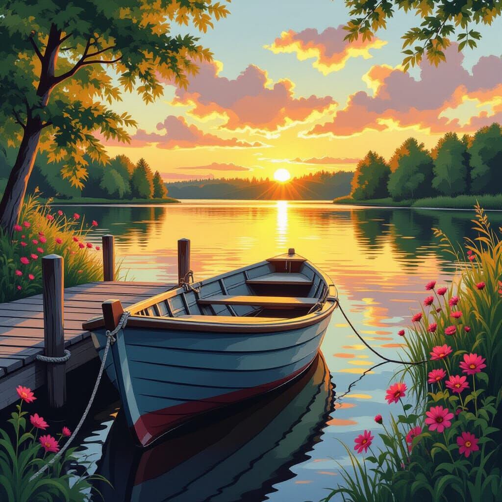 Rowboat at Sunset in Gouache Style