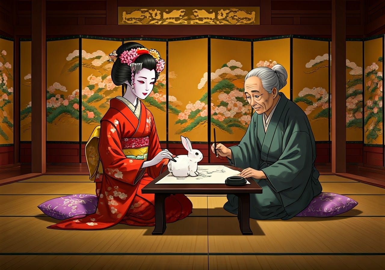 Geisha Apprentice Creates Masterpiece of Adorable Rabbit Art...