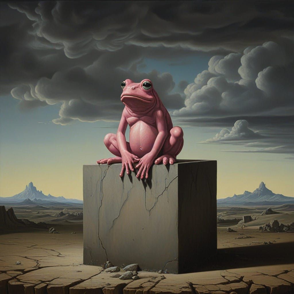 Dreamlike Pink Frog Melts in Surrealist Landscape
