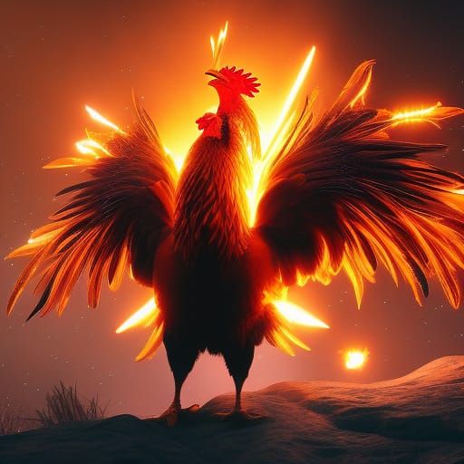 Fiery Rooster at Dawn: Dark Fantasy Concept Art