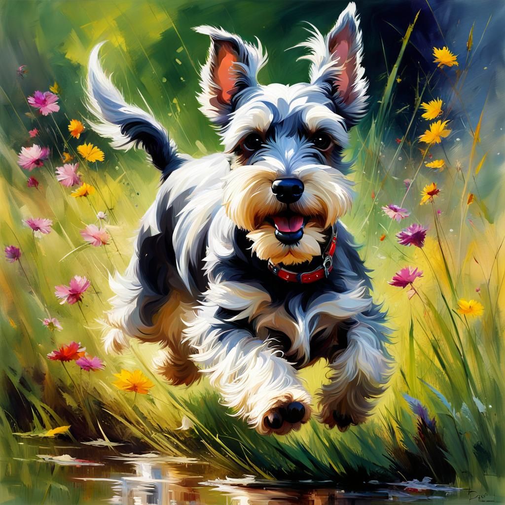 Playful Schnauzer Runs Through Meadow as Oil Painting