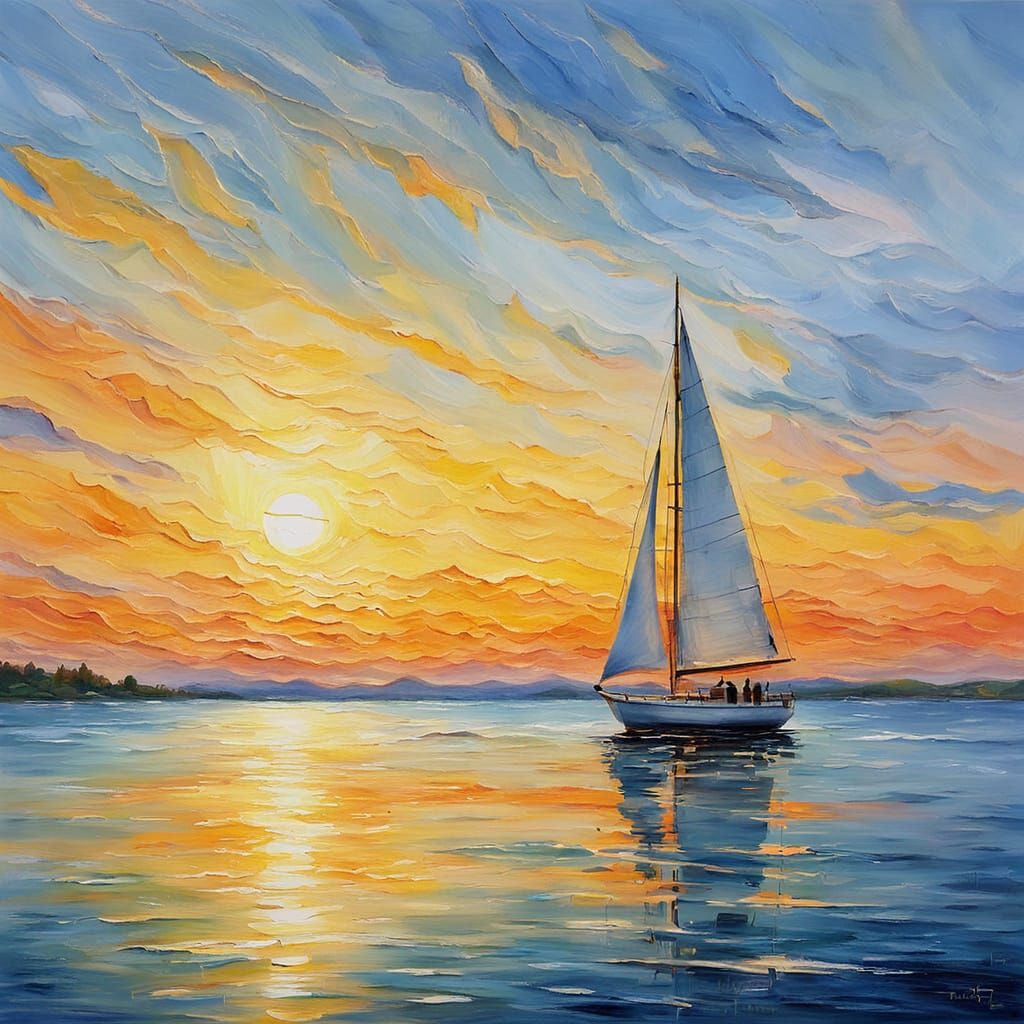 Impressionist Sailboat at Sunset in Golden Light