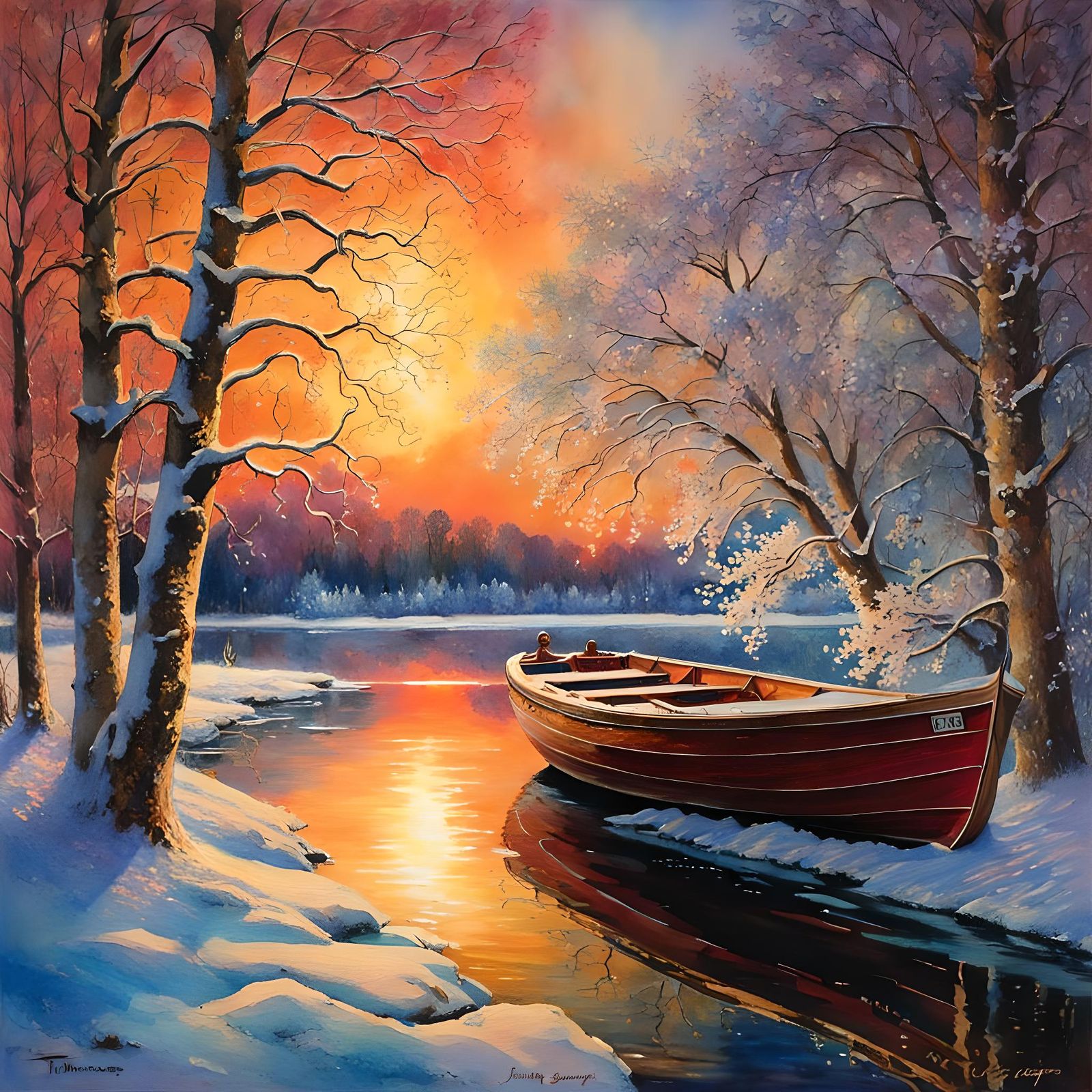 Sunset Landscape with Ice Crystals in Watercolor and Ink