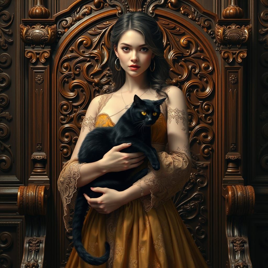 Elegant Woman with Black Cat, Digital Art