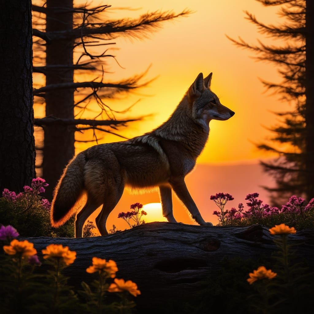 Coyote Silhouetted Against Sunset Forest