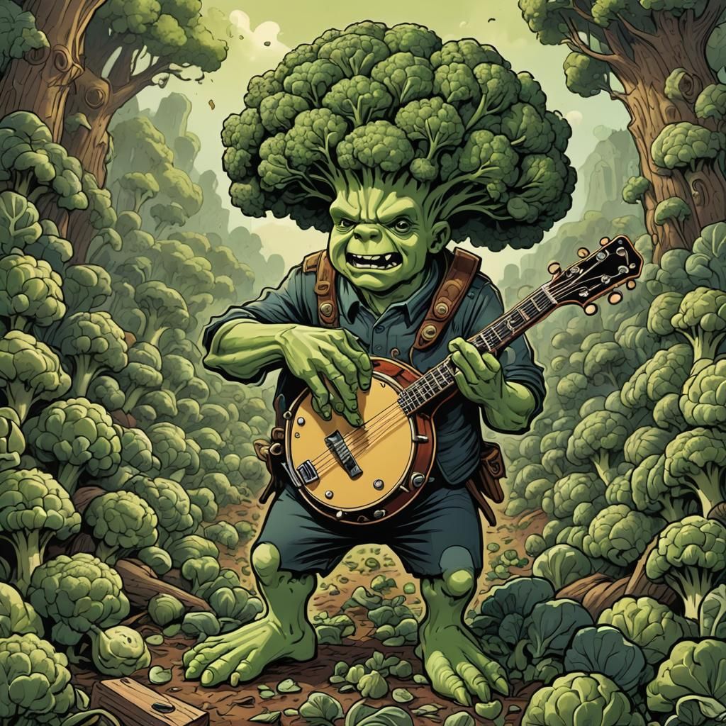 Broccoli Banjo Player in Comic Book Style