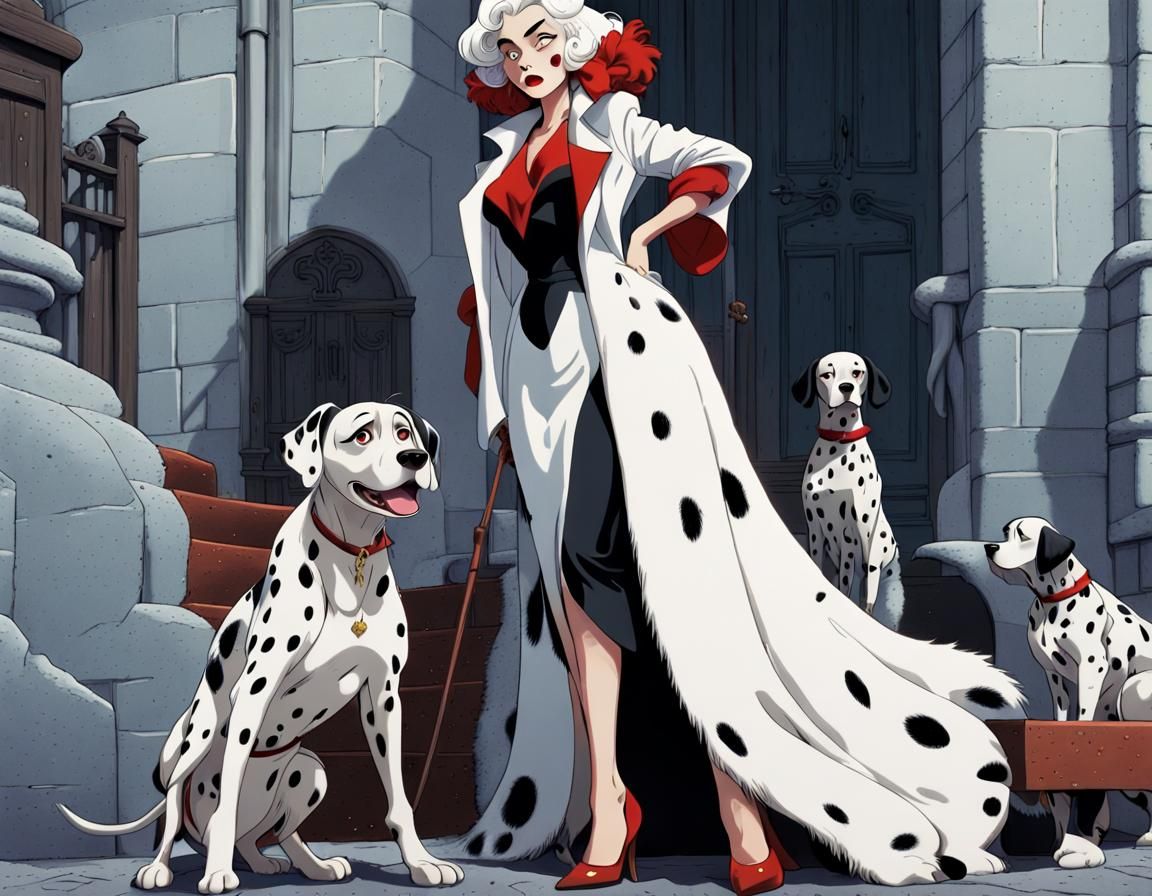 Anime Cruella Stares Down Dalmatian, Miyazaki-Inspired