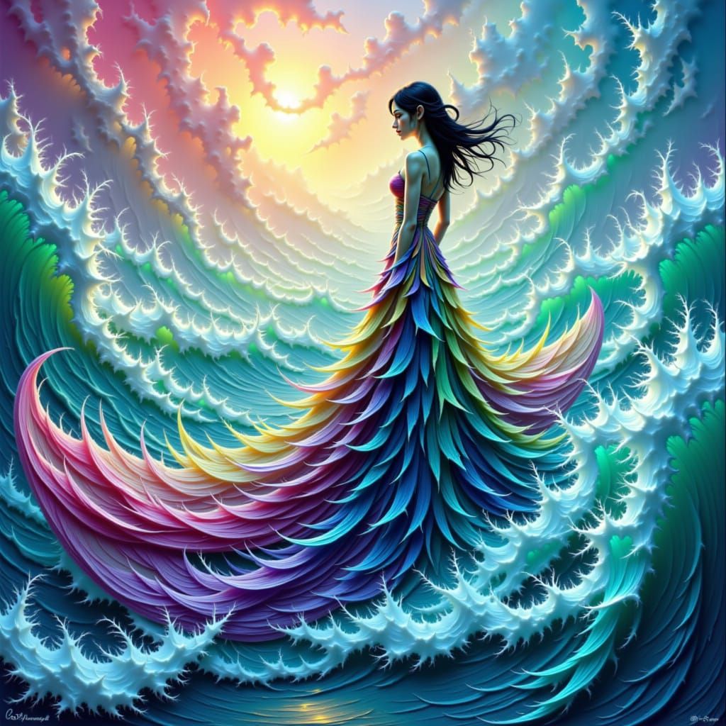 Woman Surfing in Dreamscape as Detailed Oil Painting