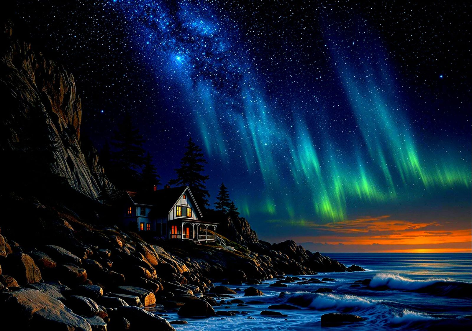 Cosmic Seaside Cottage Under the Milky Way
