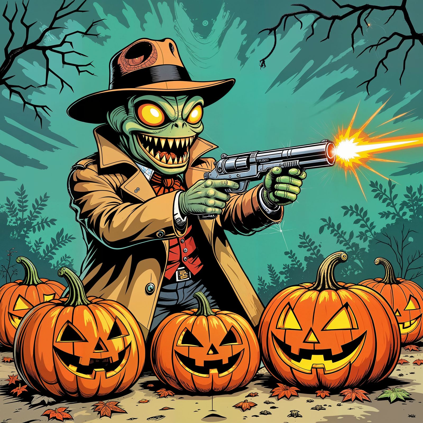 Salami Alien Points Laser at Pumpkins in Pulp Style