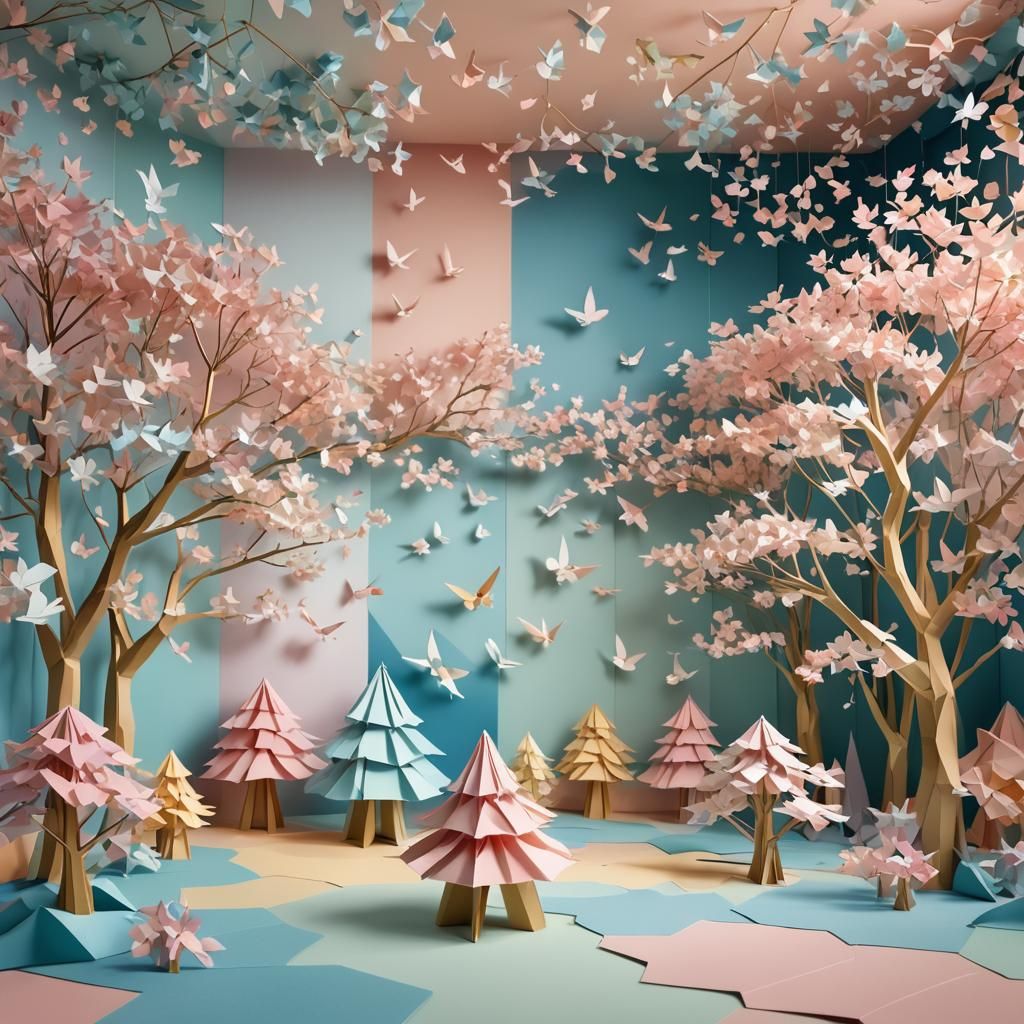 Colorful Origami Paper Folds in Pastel Room