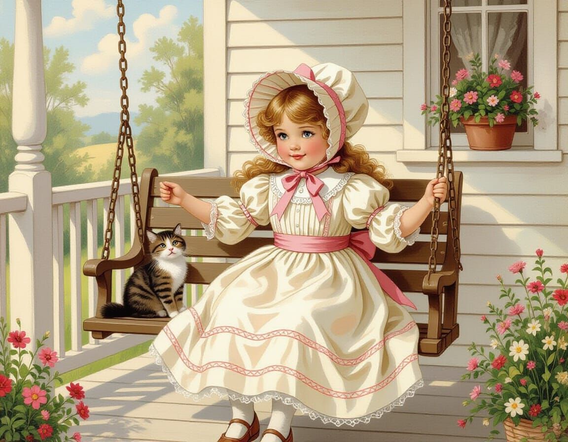 Victorian Girl and Cat on Porch Swing
