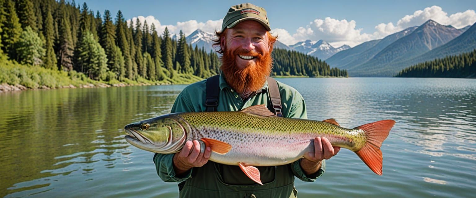 Fisherman Holds Giant Trout in Sunny Lake
