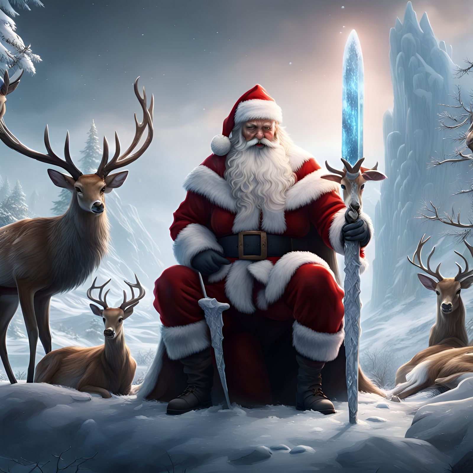 Santa with Ice Sword in Snowy Scene